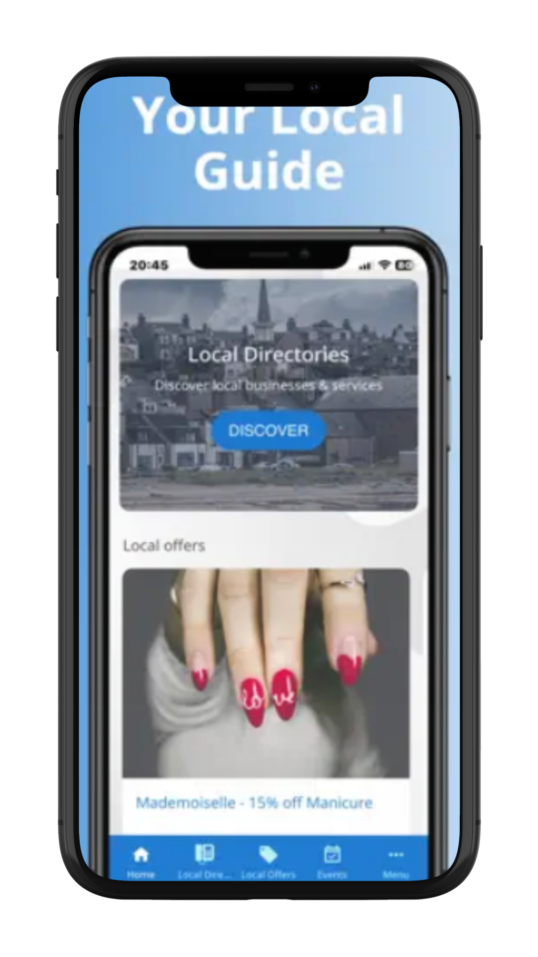 Mobile app showing local directories and offers.