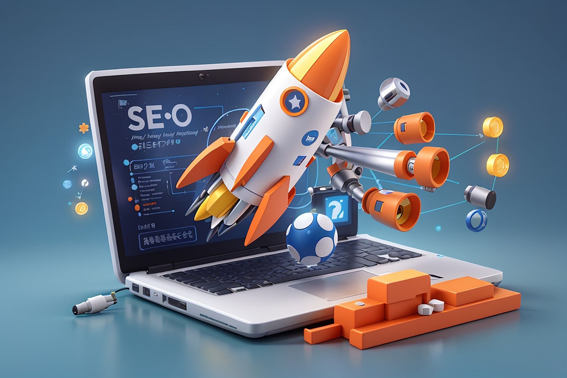 A 3D rocket launching from a laptop with an SEO screen, symbolizing fast digital growth.
