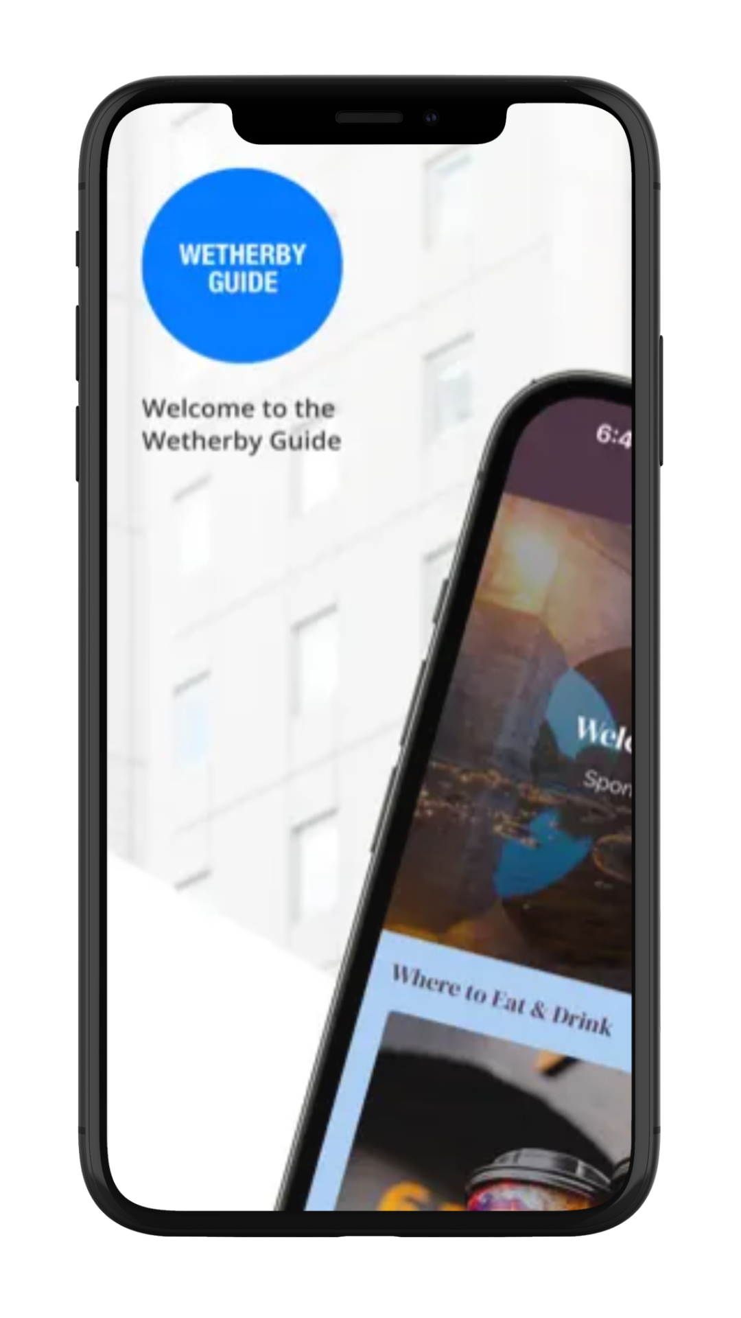 Smartphone displaying a guide application with blue and white branding.