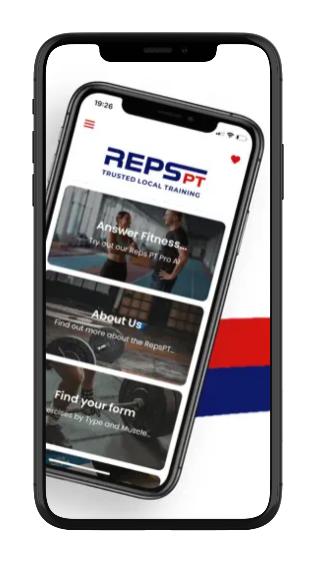 A smartphone displaying the REPS PT fitness app with menu options.