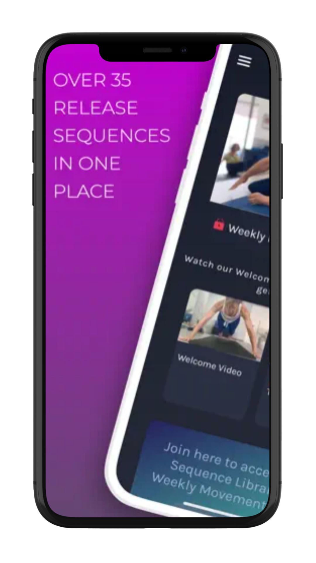 Smartphone displaying a fitness app with purple gradient, text