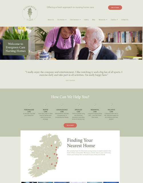 Home page of Evergreen Care Group website