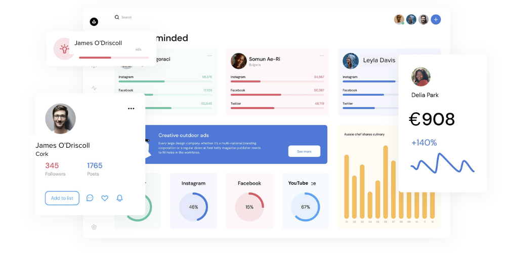 Dashboard interface with user stats, graphs, and a blue pop-up.  Light colors, bar graphs, and circular progress bars.