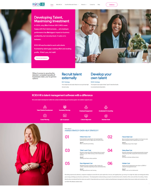 Website homepage showcasing talent management, featuring people and a woman in red.
