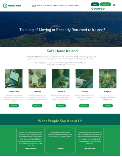 Homepage of Safe Home Ireland, website with green and white colors. Title says