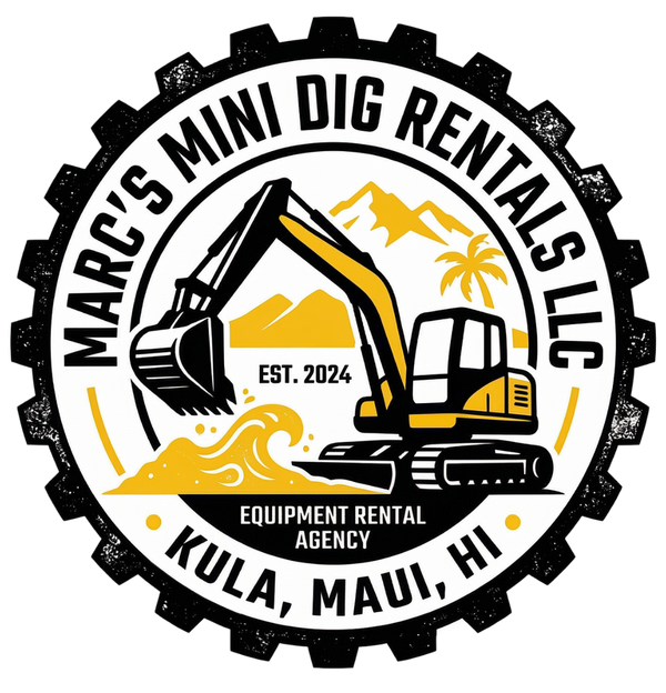 Logo for Marc’s Mini Dig Rentals LLC in Kula, Maui, featuring a yellow excavator and a wave inside a gear-shaped border.