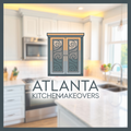 Atlanta Kitchen Makeovers logo over a blurred kitchen. Logo features a teal cabinet design with swirling metalwork.