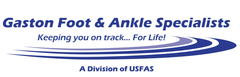Gaston Foot & Ankle Specialists logo: blue text, tagline "Keeping you on track...For Life!" over curved lines.