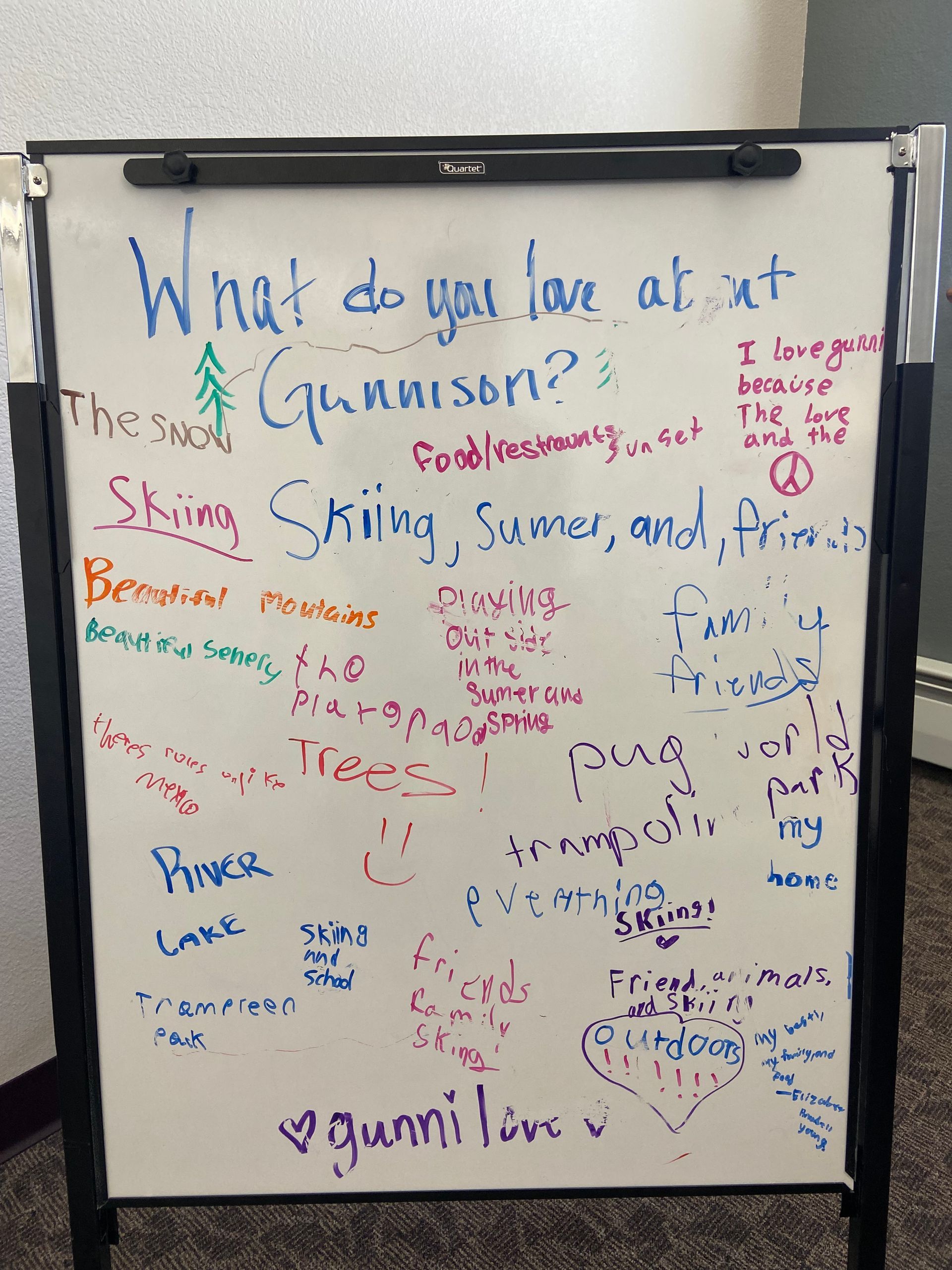 white board with What do you want do love about gunnison