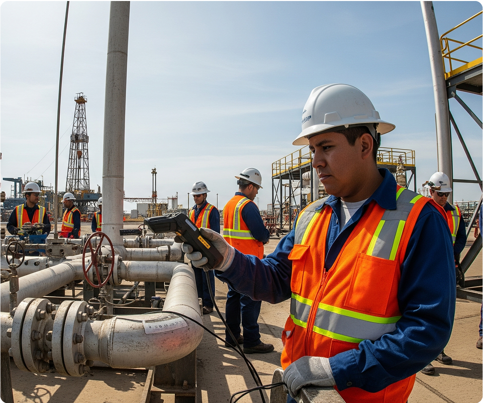 A man in an orange vest is holding a scanner in his hand.
