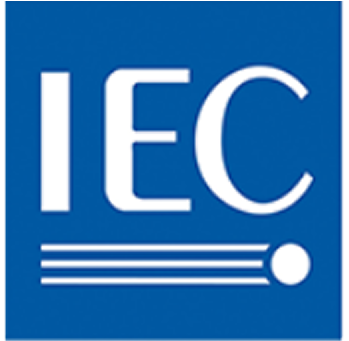 A blue and white iec logo on a white background