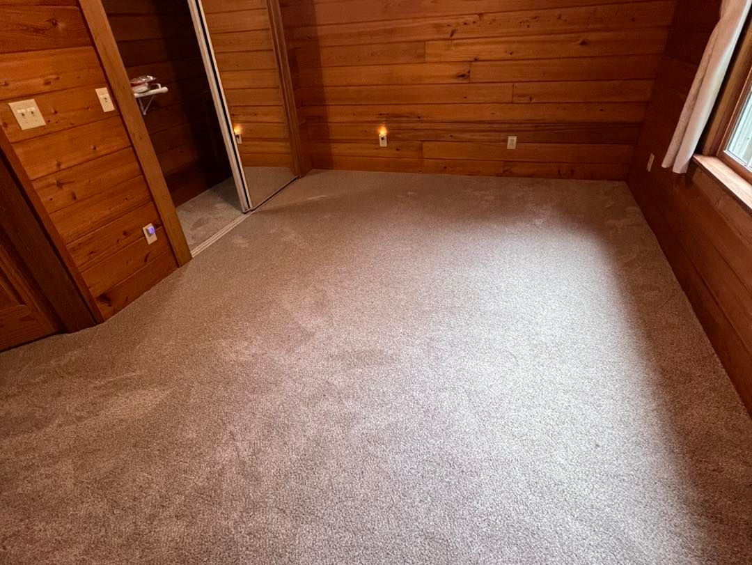 Empty bedroom with wood-paneled walls and neutral-colored carpet. A closet and window are visible.