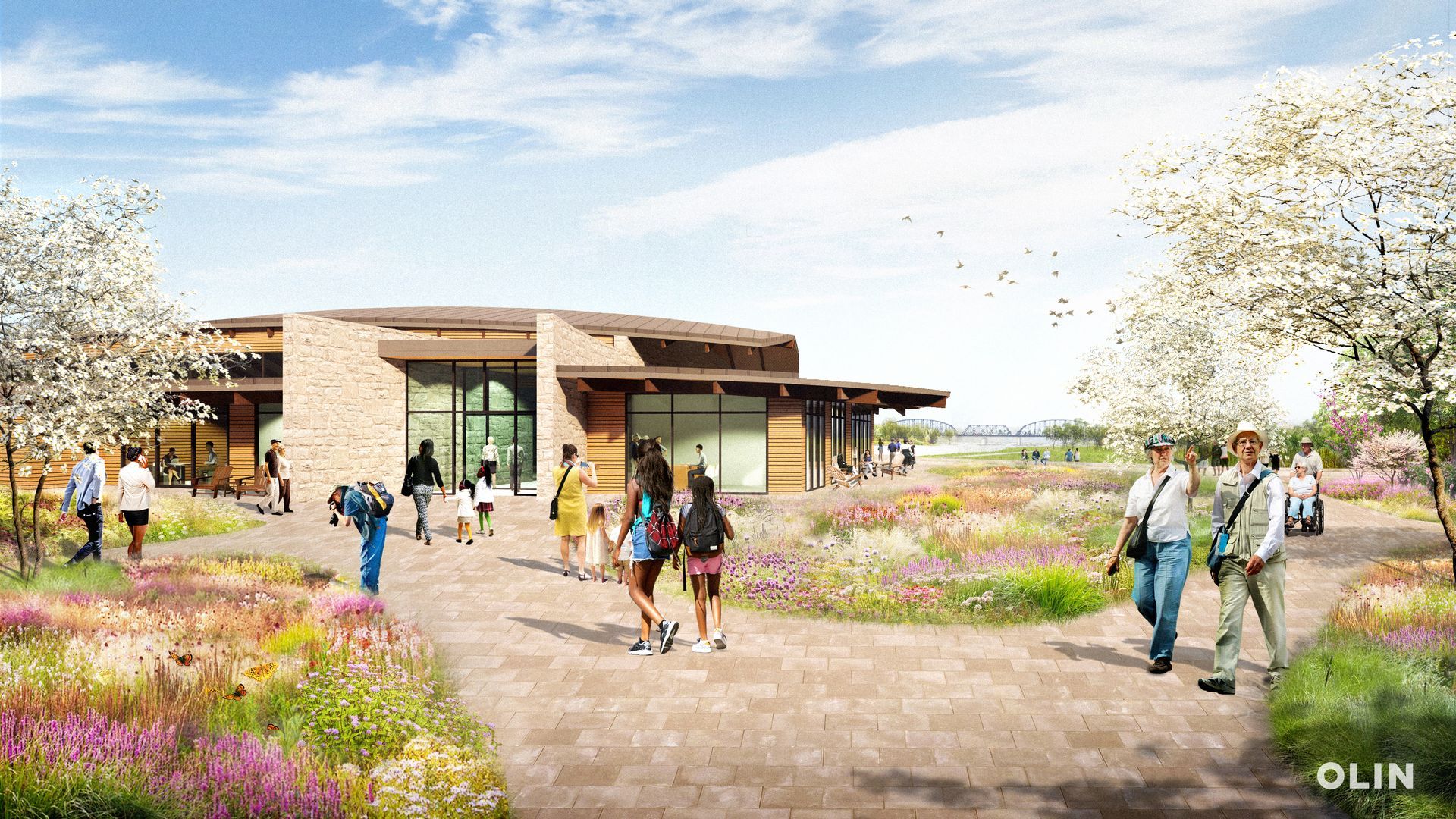 Rendering of a building with a curved roof and glass entry, surrounded by a wildflower meadow and people walking.