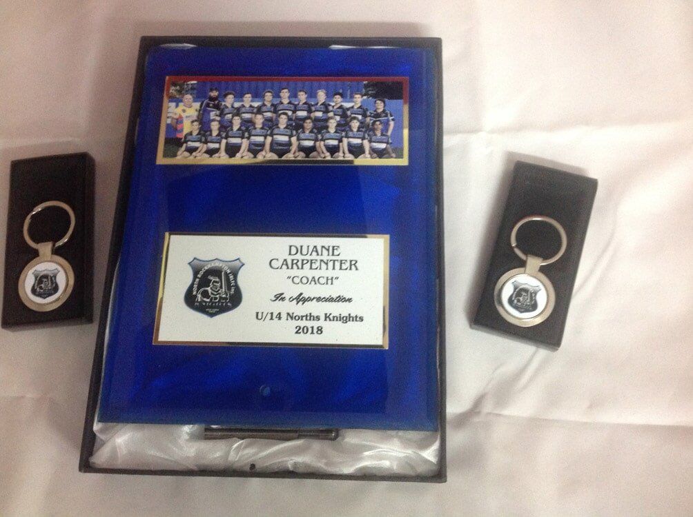 Blue Glass with Phot and Keyrings — Rockhampton Trophy Centre & Engraving in North Rockhampton, QLD