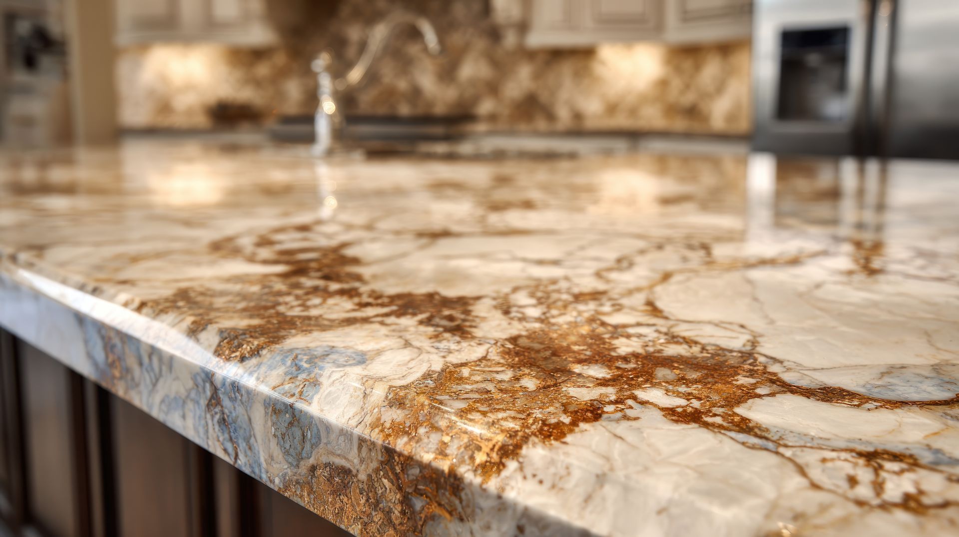 A close-up of a polished, brown and white marble countertop in a kitchen.