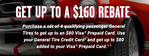 A red car with the words get up to a $ 160 rebate | Ellisville Tire & Service