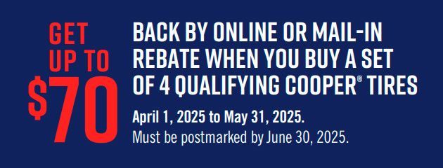 A blue sign that says get back by online or mail in rebate when you buy a set of 4 qualifying cooper tires | Ellisville Tire & Service