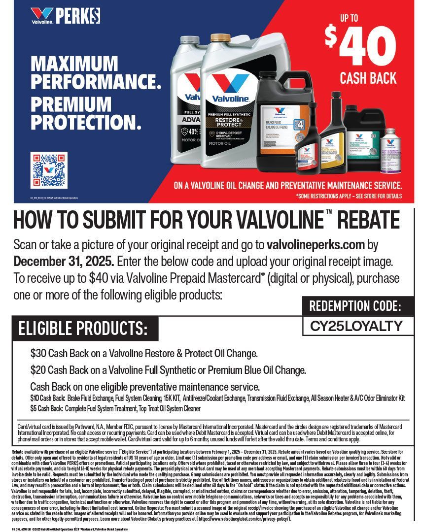 Valvoline Rebate | Ellisville Tire And Service