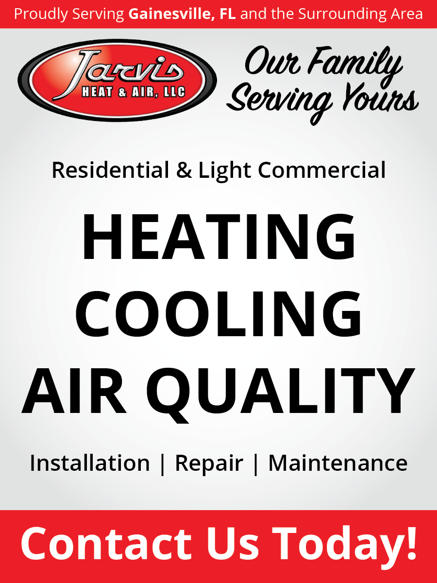 Jarvis Heat & Air advertisement: text for heating, cooling, and air quality services; red and black logo; call to action.