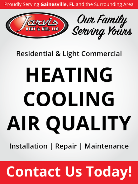 Jarvis Heat & Air advertisement: text for heating, cooling, and air quality services; red and black logo; call to action.
