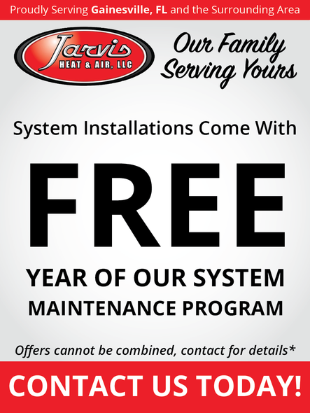 Advertisement for Jarvis Heat & Air, LLC. Free year of maintenance with system installations. Contact information provided.