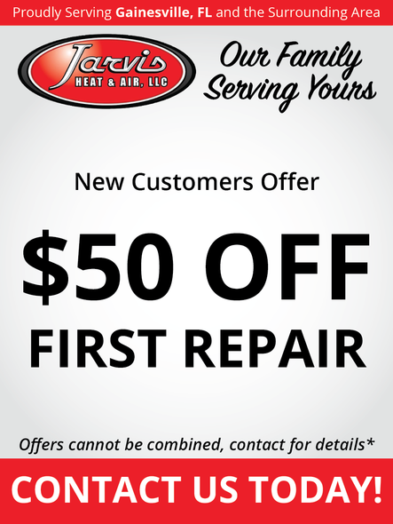 Advertisement for Jarvis Heat & Air, LLC. Offers $50 off first repair in Gainesville, FL area.