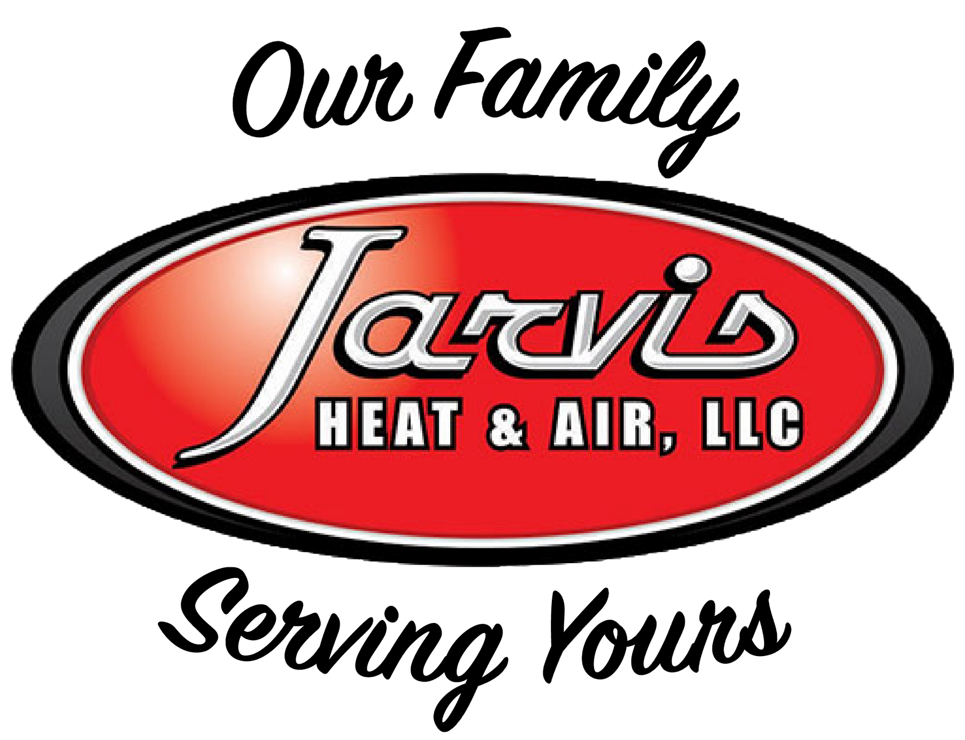 Jarvis Heat & Air, LLC logo: red oval with black trim, company name,