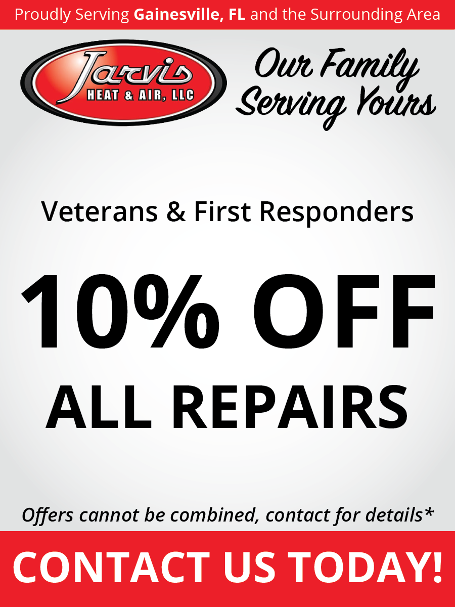Advertisement for Jarvis Heat & Air offering 10% off repairs to Veterans and First Responders.