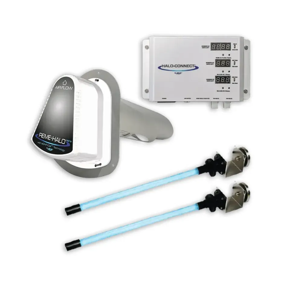 Blue UV light sterilization tubes inside a cylindrical structure, emitting bright rays.