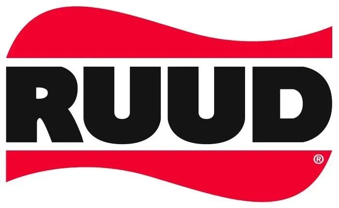 RUUD logo with black text inside red wavy shapes.