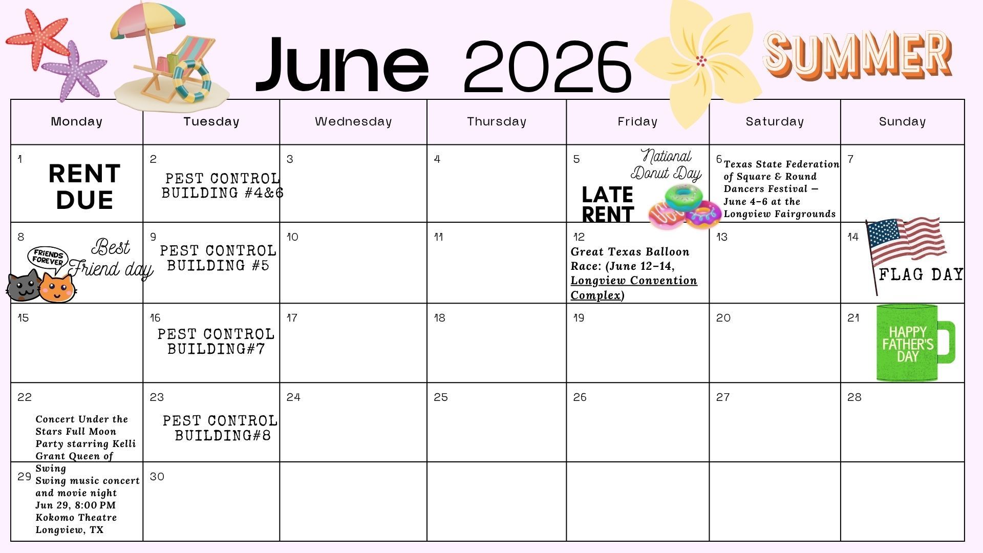 June 2026 wall calendar with floral summer design and handwritten notes, including rent due and late rent reminders