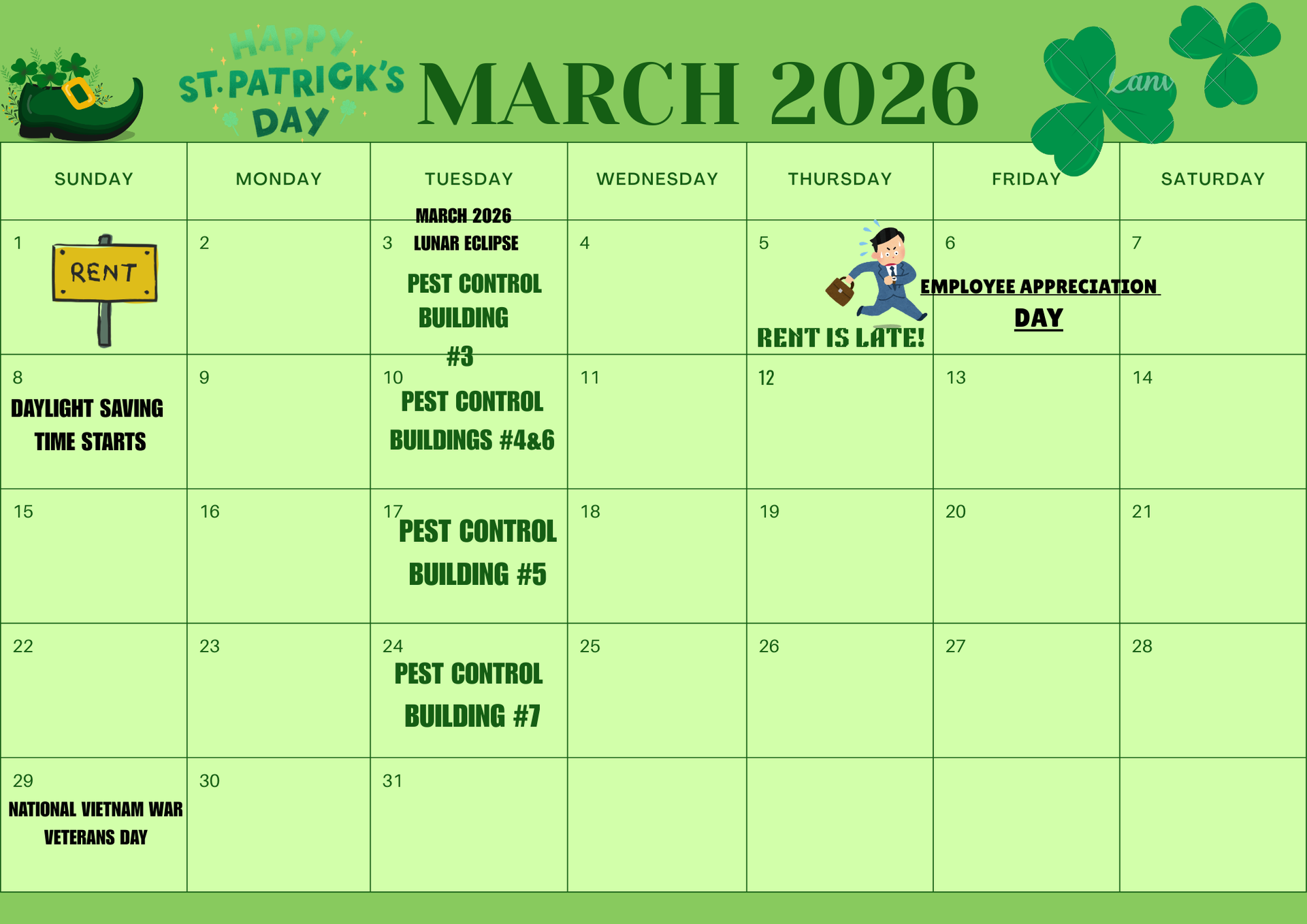 March 2026 calendar with St. Patrick's Day theme. Includes appointments: rent, pest control, employee appreciation day.