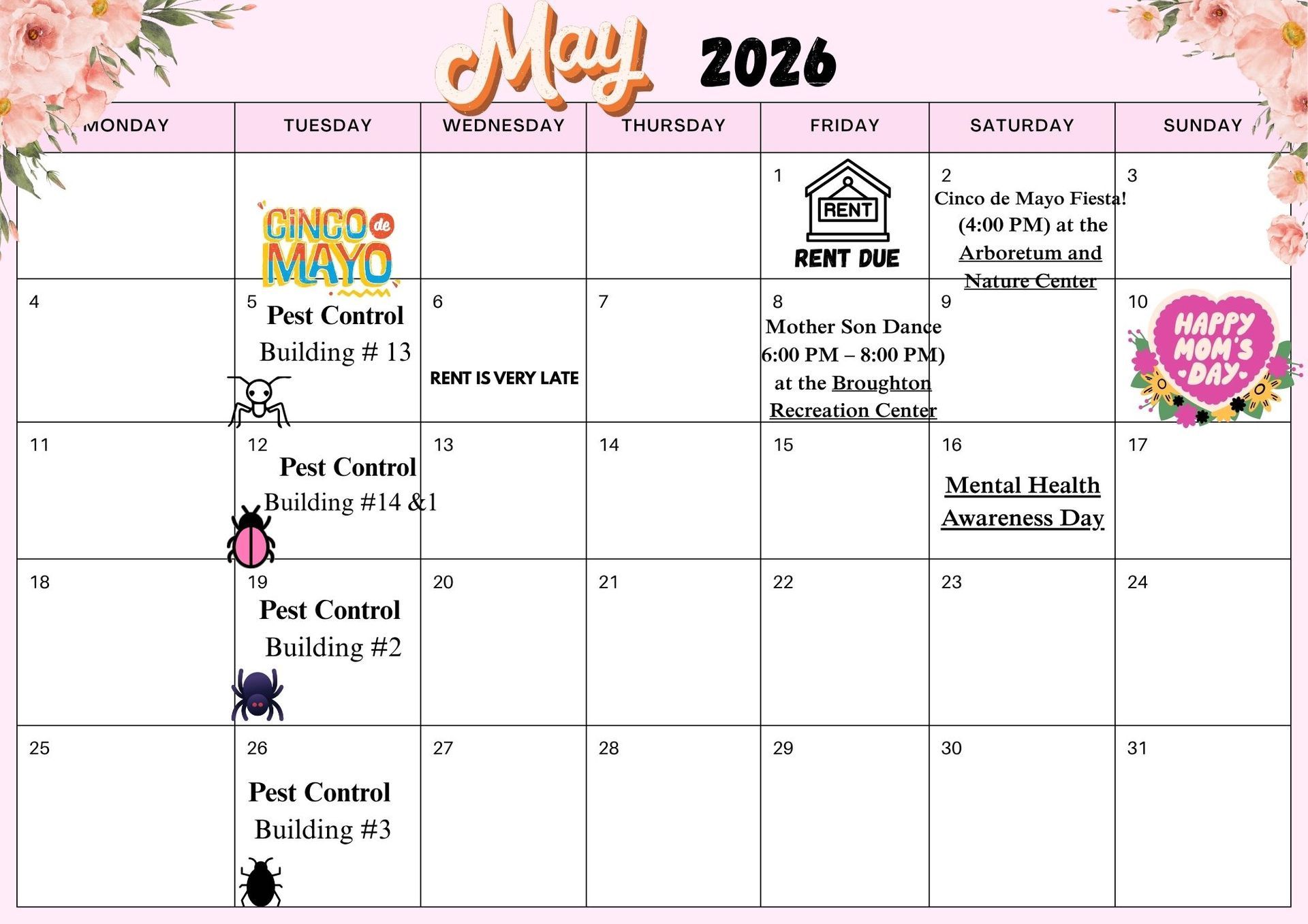 March 2026 calendar with St. Patrick's Day theme. Includes appointments: rent, pest control, employee appreciation day.