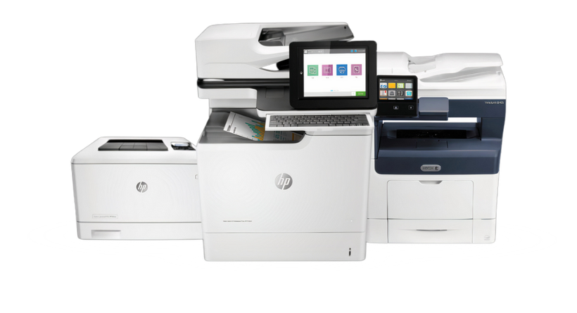 A group of printers are sitting next to each other on a white background.