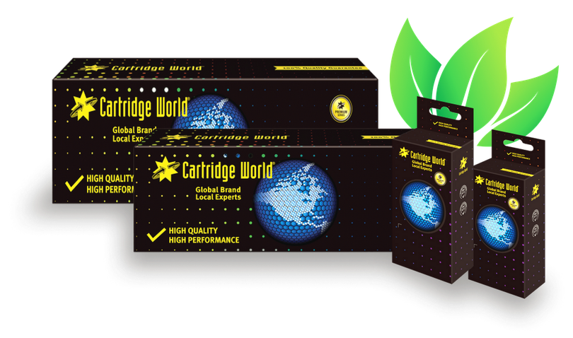 Three boxes of cartridge world are sitting next to each other