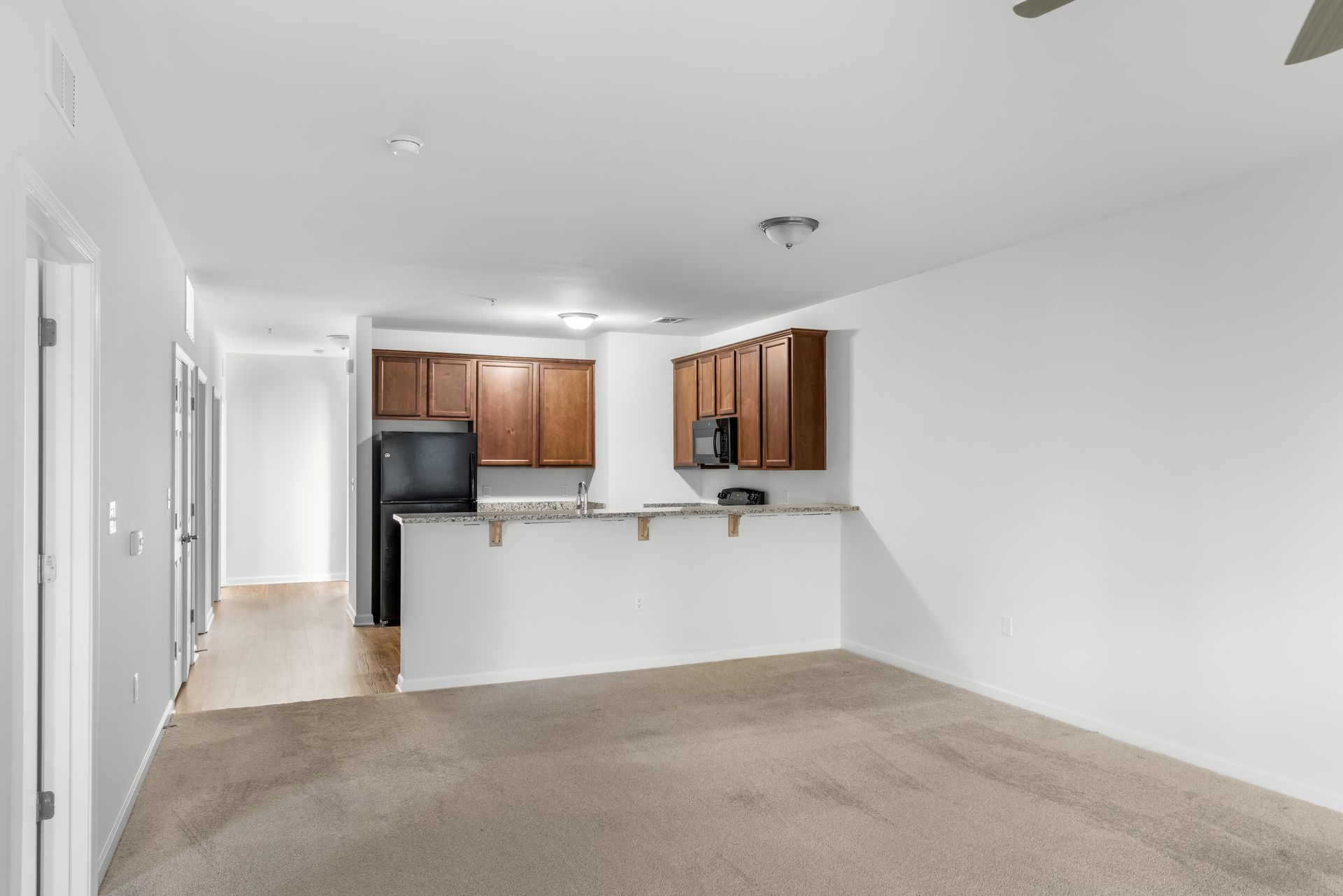 A brightly lit, neutral-toned apartment kitchen with a breakfast bar, wooden cabinets, and beige carpet.