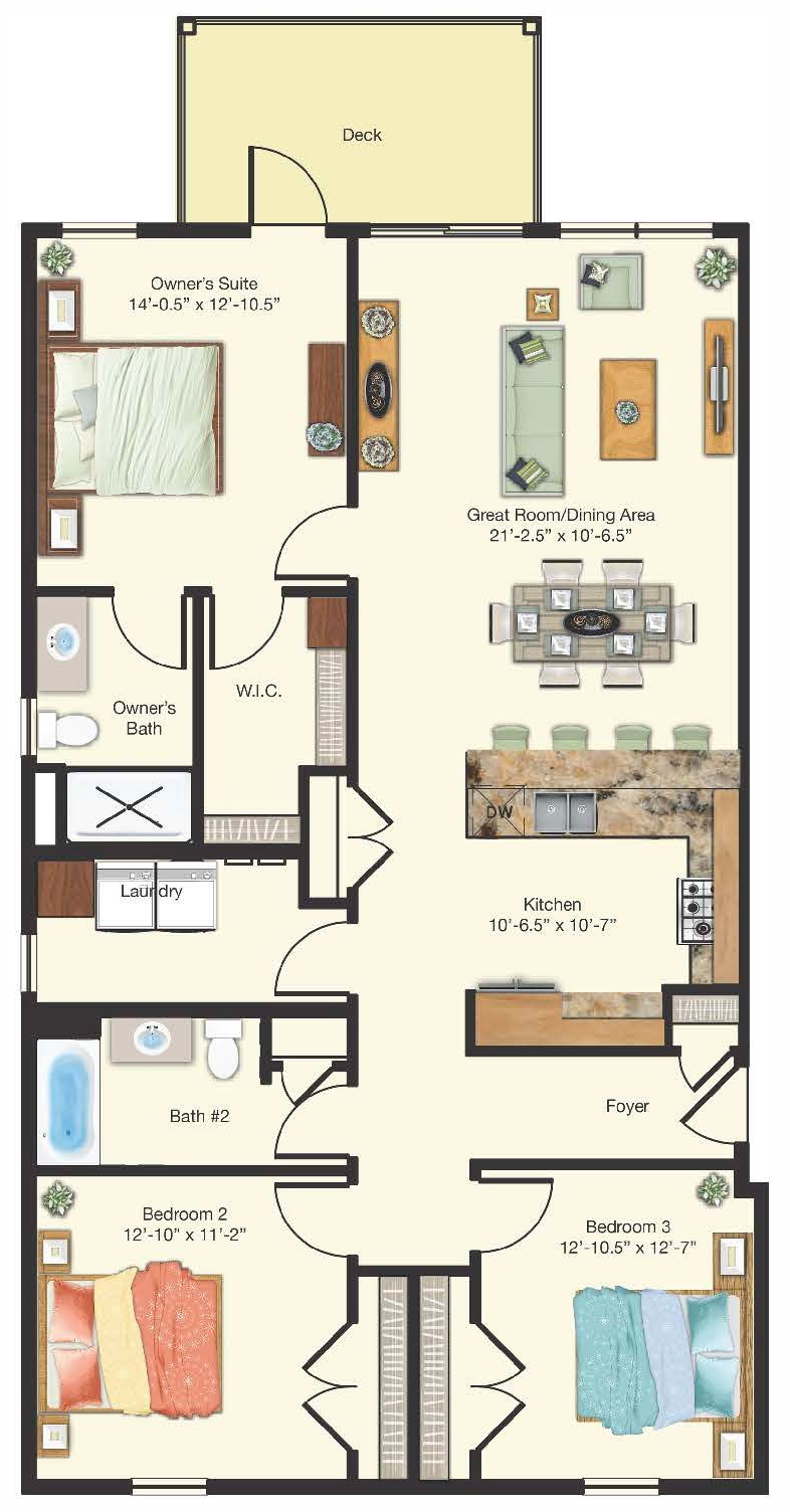 A floor plan for a 3-bedroom apartment unit with a living area, kitchen, deck, two bathrooms, and exterior storage.