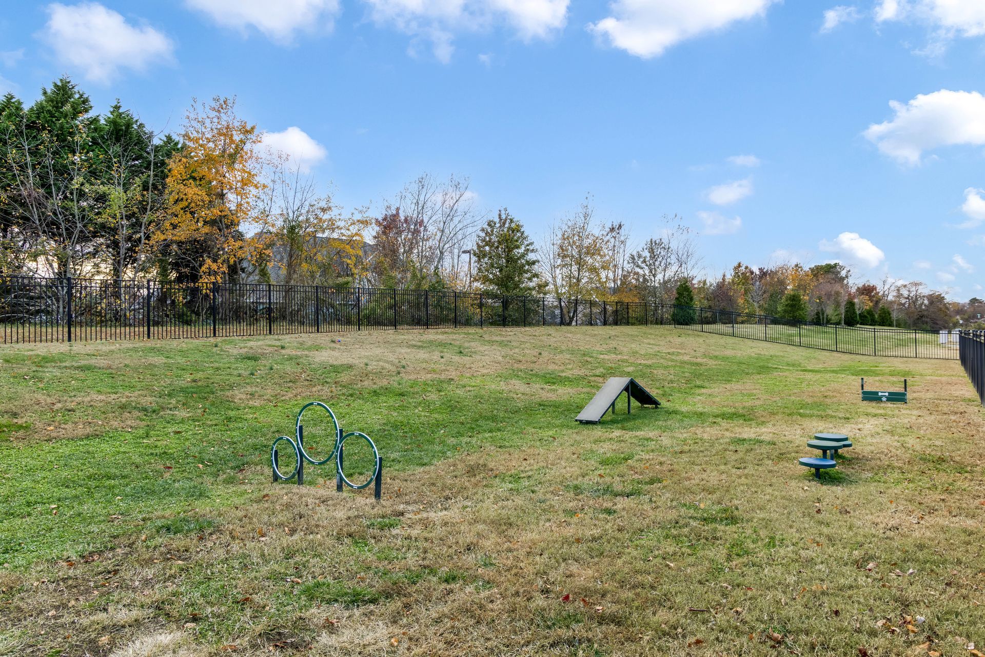 A fenced dog park with agility equipment, including a ramp and jump hurdles, set on a grassy hill under a cloudy blue sky.