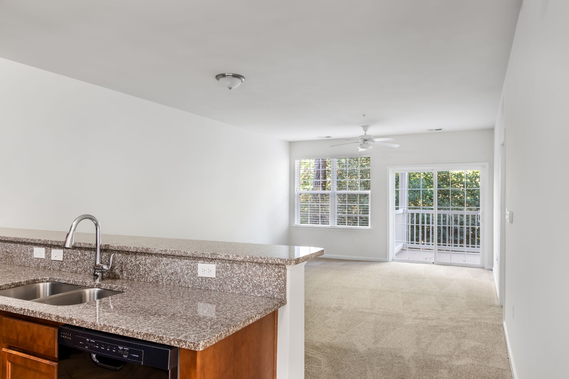 Open-concept apartment interior showing a granite kitchen counter overlooking a carpeted living area with balcony doors.