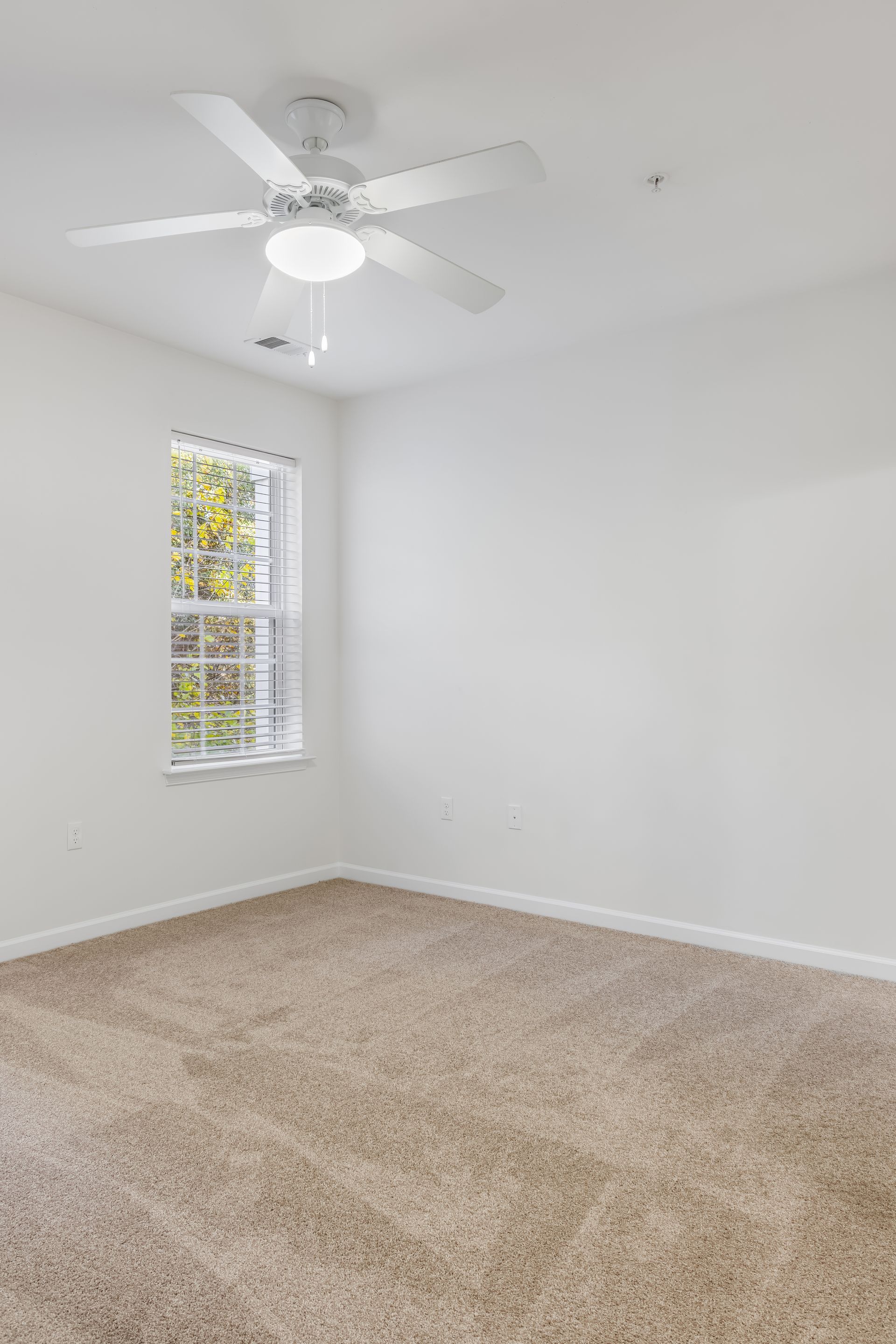 An empty room with white walls, tan carpet, a ceiling fan, and a window with a view of trees.