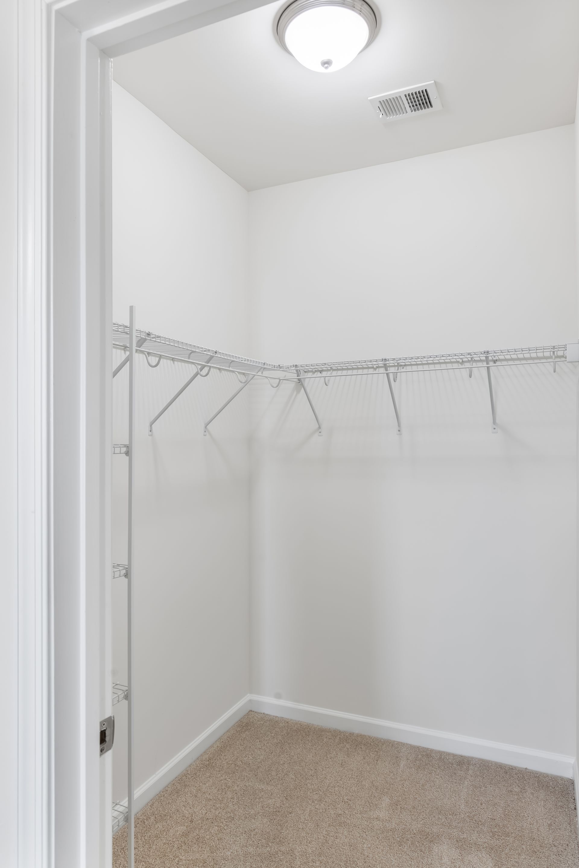 A walk-in closet with white walls, beige carpet, a ceiling light, and white wire shelving.