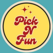 Logo for "Pick N Fun" with red script on yellow circle, encircled in black and blue.