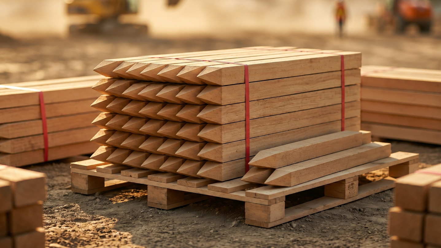 Close-up of the rough, textured ends of two weathered wooden beams stacked on top of each other.