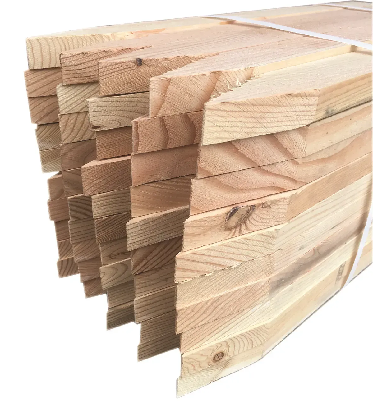 A bundle of wooden survey stakes tied together, showing pointed ends and natural light wood grain.