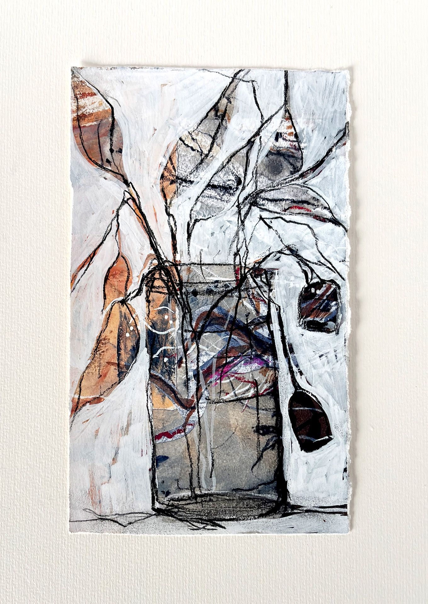Abstract mixed-media artwork with white, black, brown, and purple lines on a textured canvas