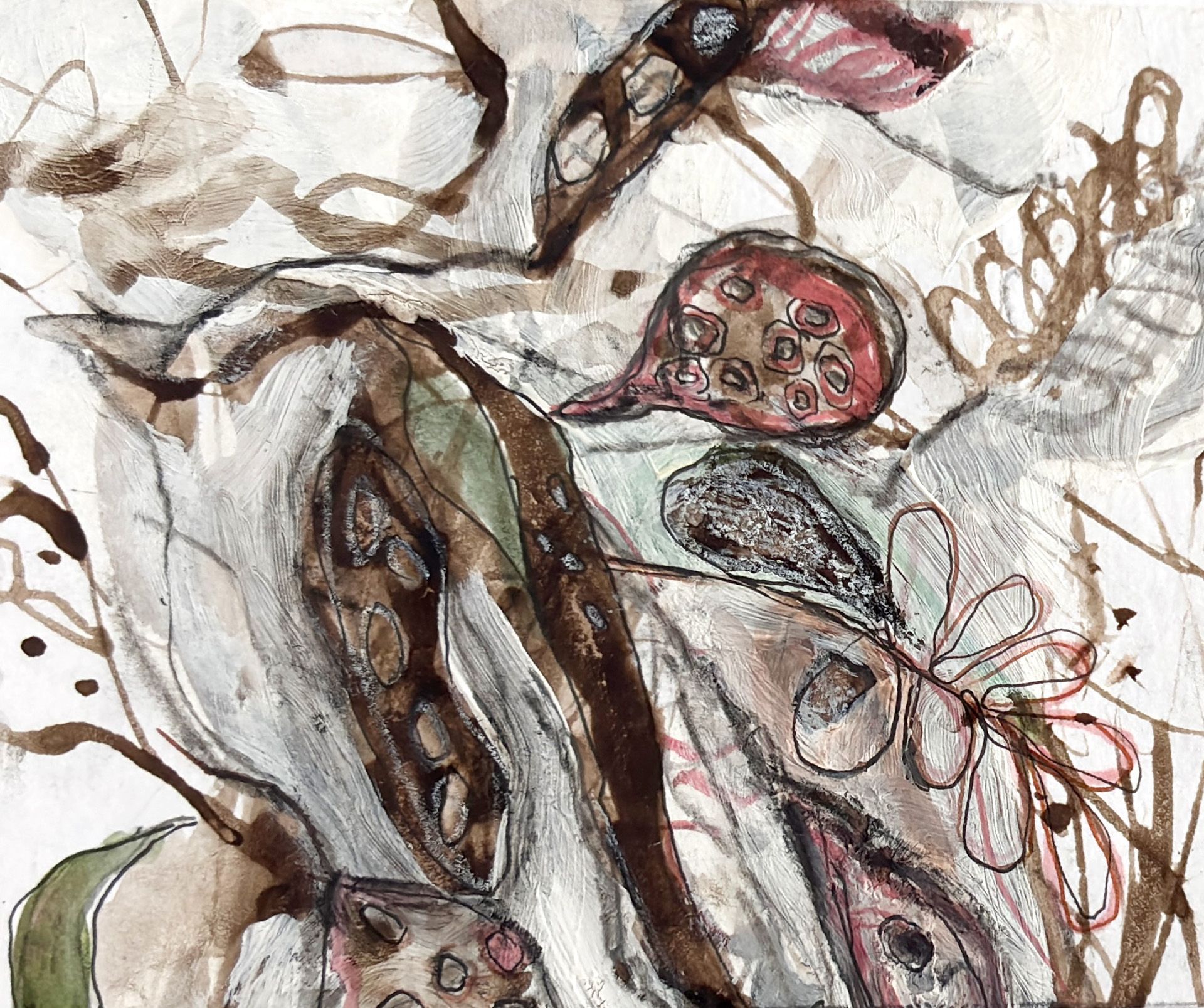 Abstract watercolor and ink drawing featuring earth-toned seed pods, organic lines, and layered shapes on a white background.
