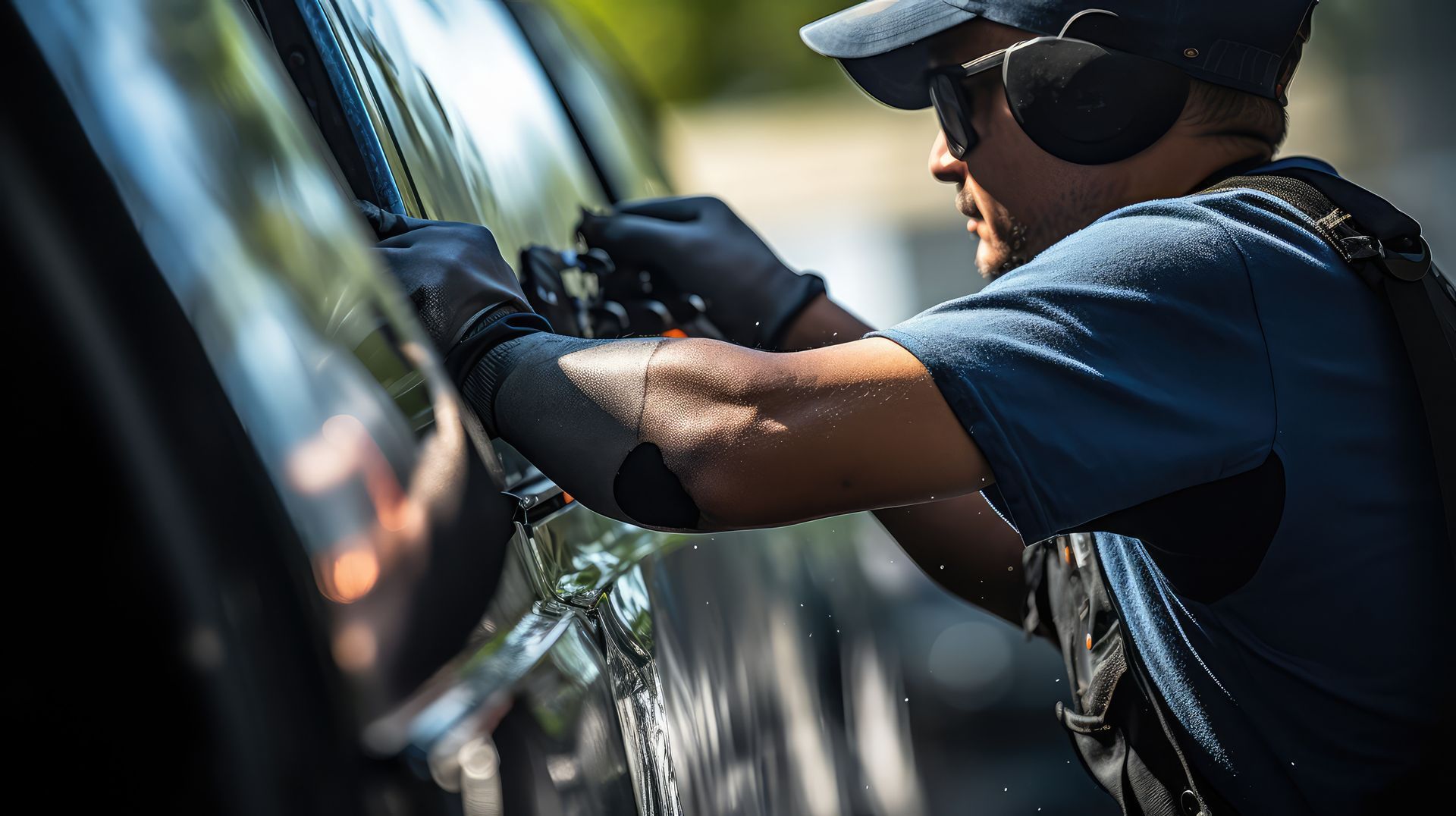 A person in uniform working on a car window. They wear gloves, ear protection, and sunglasses.