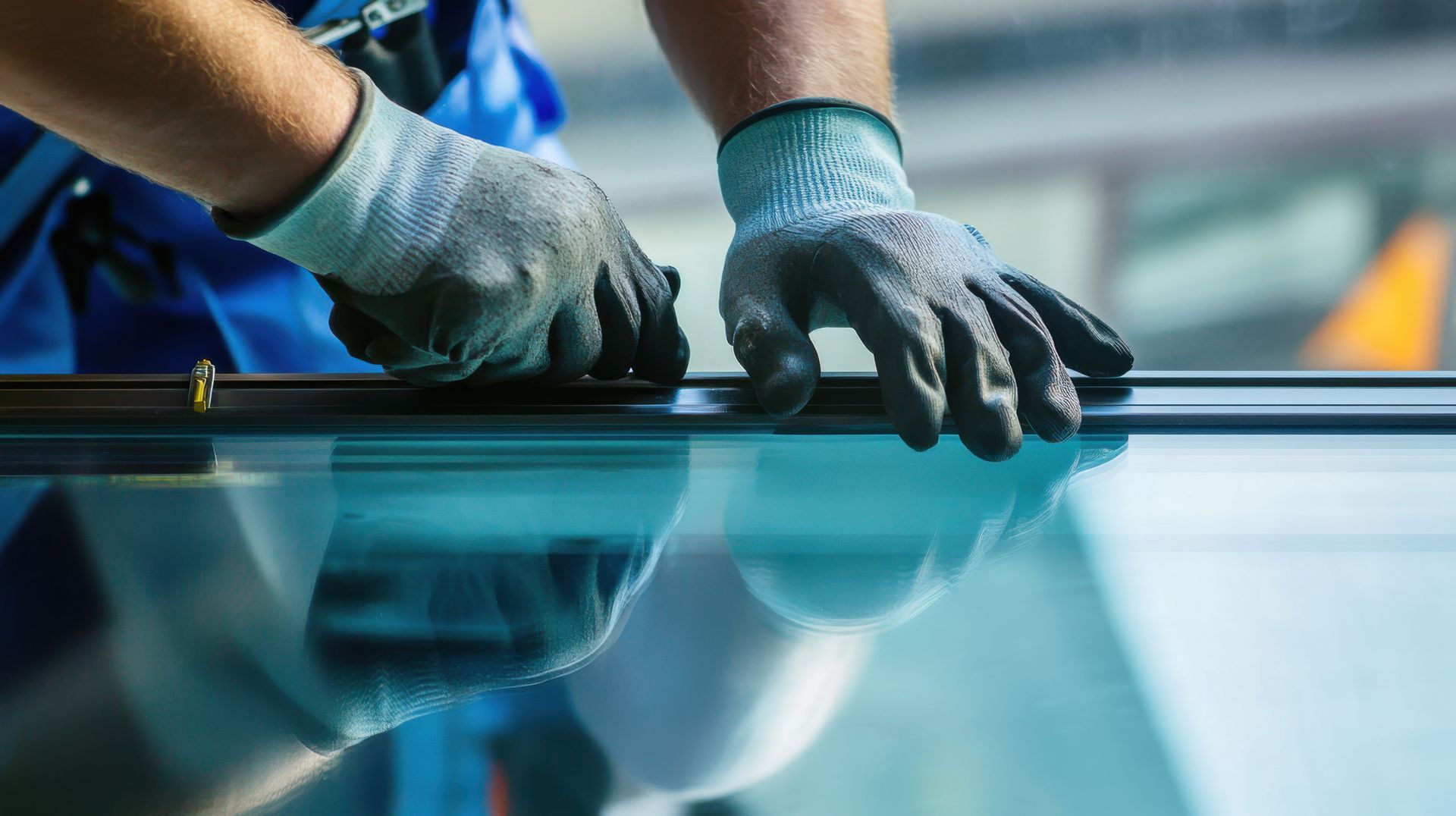 Person wearing gloves, working with a large pane of glass, likely in a factory setting.