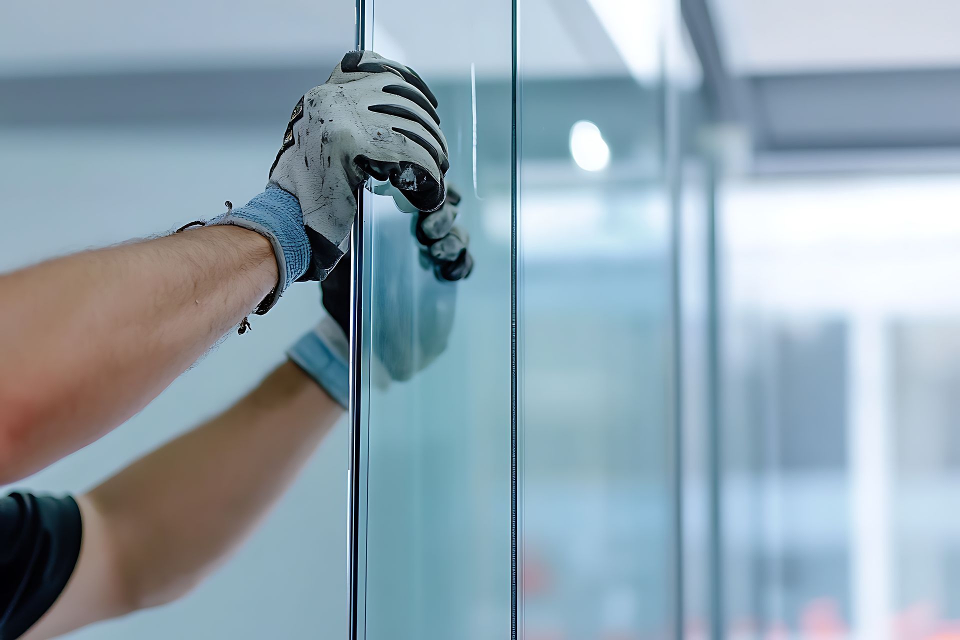 Person wearing gloves installing glass panel.