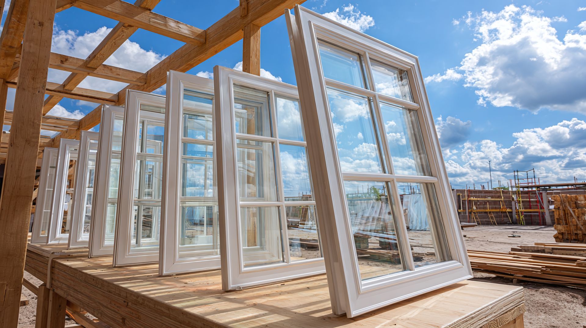White-framed windows on a wooden surface, under a wooden structure and a cloudy blue sky.